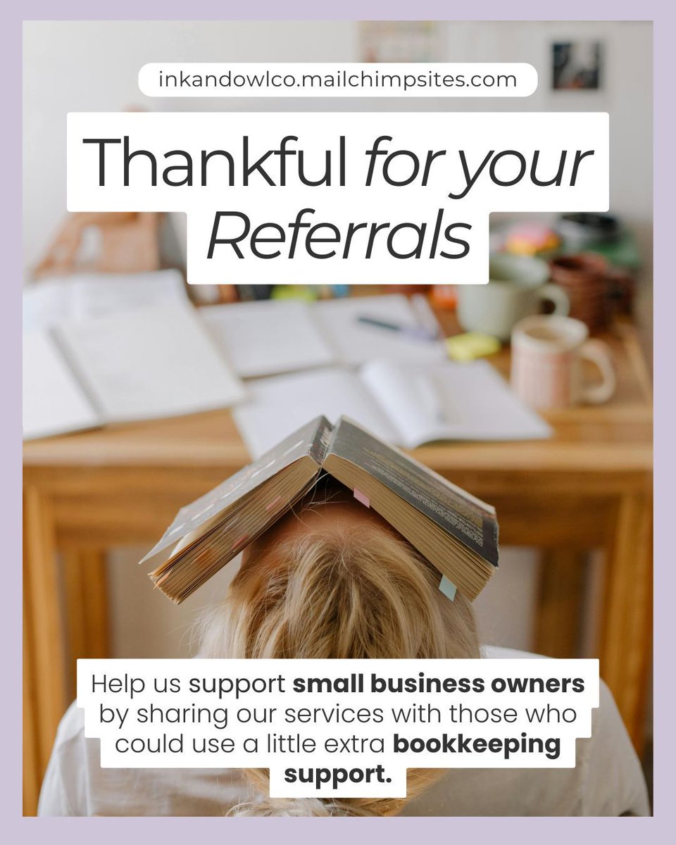 ink_owl_book's tweet image. Know someone who could use a little extra bookkeeping support? Share our services with them!

Your referral helps another business owner get organized and gain clarity.
Tag a friend or business down below or share our page with them!
.
.
.
#SmallBusinessSupport #BookkeepingHelp