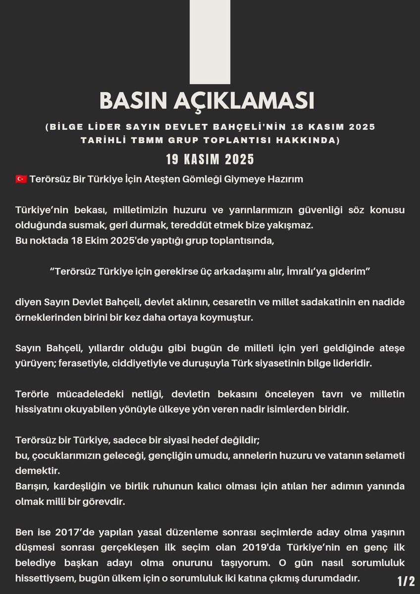 CCAsilzade's tweet image. 🇹🇷 Terörsüz Bir Türkiye İçin Ateşten Gömleği Giymeye Hazırım

Türkiye’nin bekası, milletimizin huzuru ve yarınlarımızın güvenliği söz konusu olduğunda susmak, geri durmak, tereddüt etmek bize yakışmaz.

Bu noktada 18 Ekim 2025&apos;de yaptığı grup toplantısında,

“Terörsüz Türkiye…