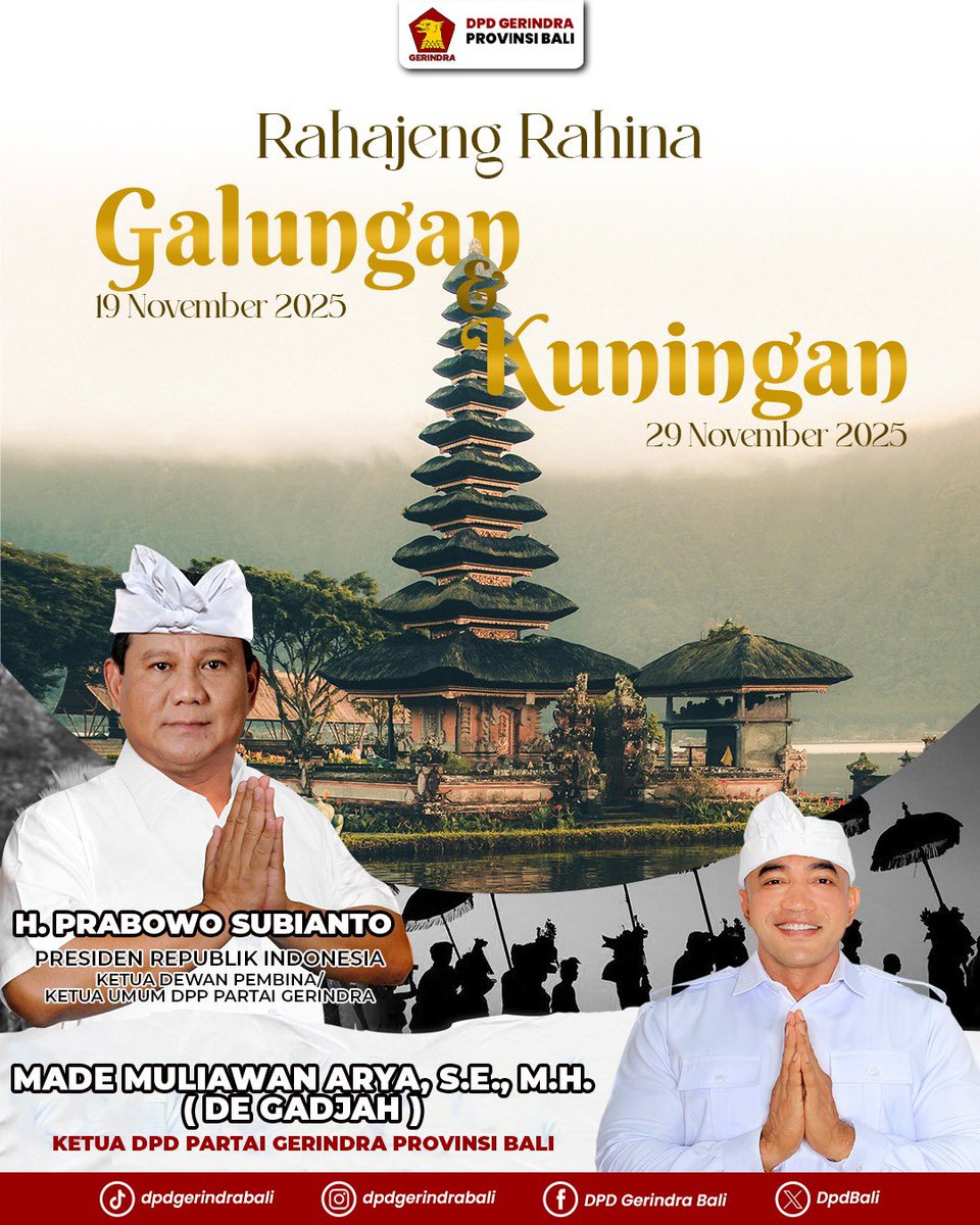 DpdBali's tweet photo. Rahajeng Nyanggra Rahina Galungan lan Kuningan✨

Semoga keharmonisan, kebaikan, kedamaian selalu menyertai kita semua dan senantiasa dalam lindungannya😇

#gerindra #gerakanindonesiaraya #partaigerindra #gerindrabali #dpdgerindrabali #prabowo #degadjah #galungan #kuningan https://t.co/dvGBwXs8Ad