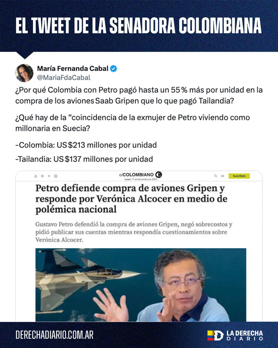 DerechaDiarioCO's tweet image. 🚨🇨🇴 | GOBIERNO INÚTIL: María Fernanda Cabal denunció que Colombia pagó US$ 213 millones por cada avión Saab Gripen, un 55 % más que Tailandia (US$ 137 millones), y cuestionó la relación con la exmujer de Petro, que vive como millonaria en Suecia.