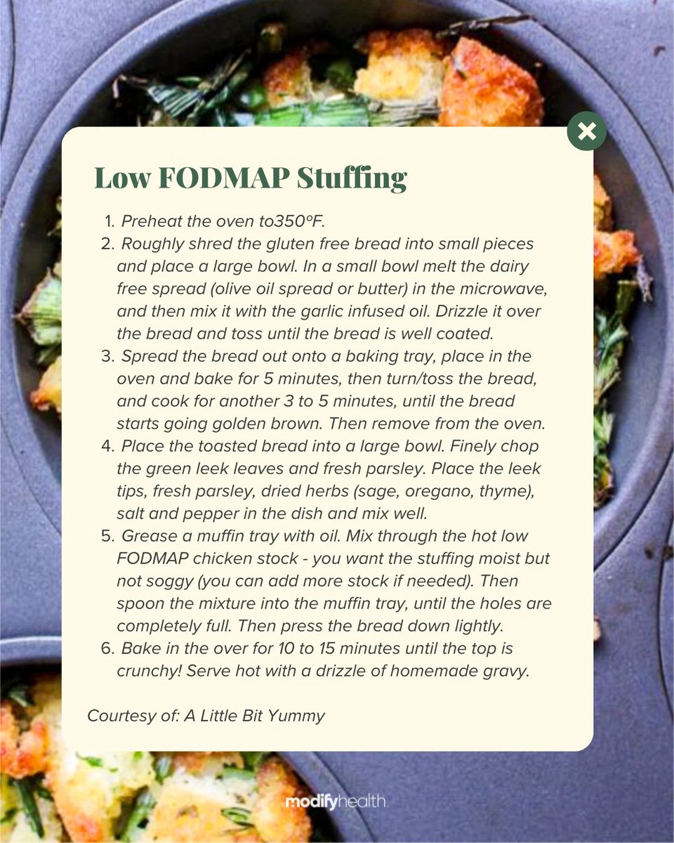 iModifyHealth's tweet image. Get stuffed with this Low FODMAP stuffing this Thanksgiving! It&apos;s crunchy on the outside, soft and moist on the inside. Give it a try at your Thanksgiving! 

#modifyhealth #mealdelivery #ibs #ibsproblems #guthealth #celiac #glutenfree #lowfodmap #lowfodmapdiet #mediterraneandiet