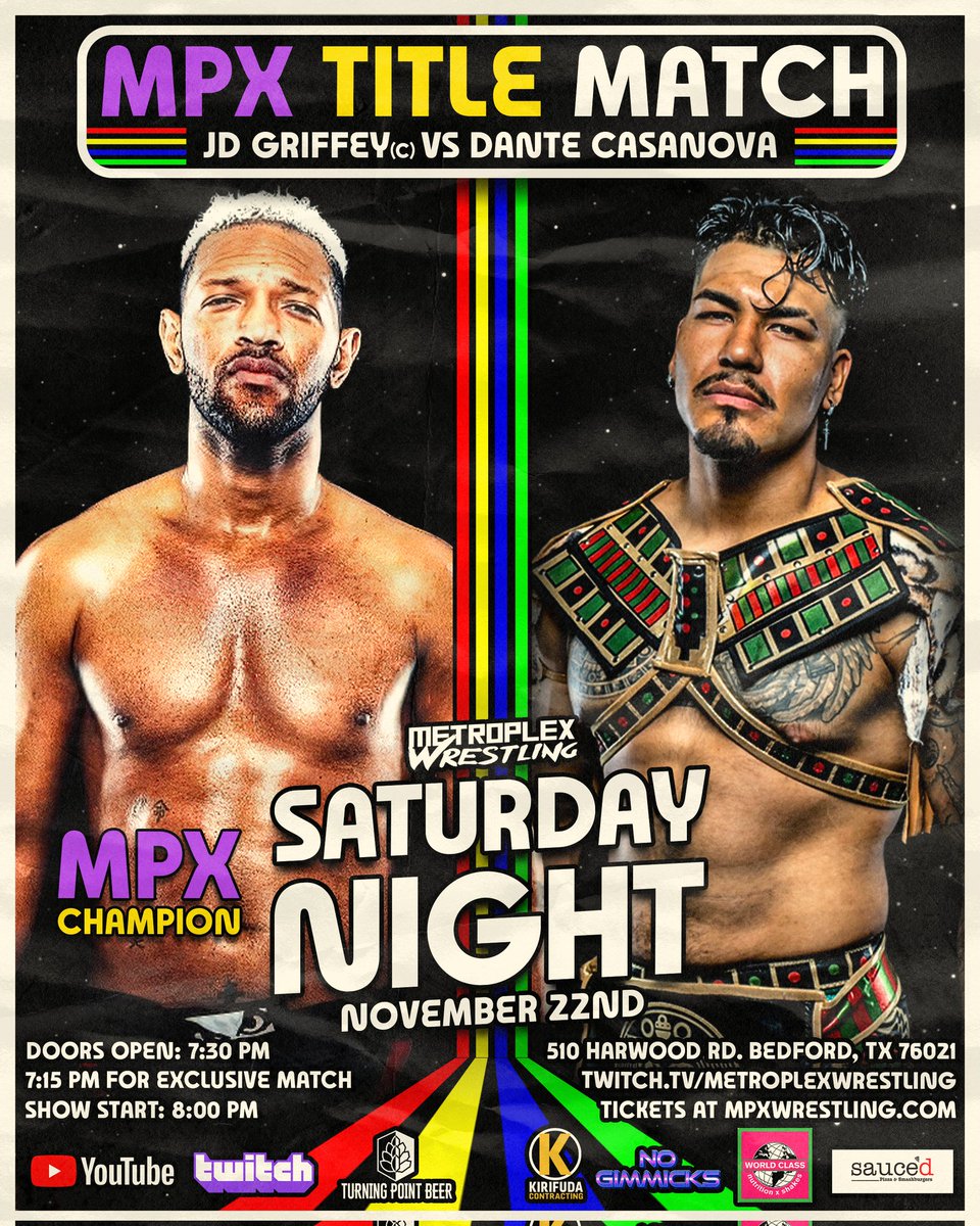 .<a href="/MPXWrestling/">Metroplex Wrestling</a> 

#MPXADDICTS BREAKING NEWS 

THE NEW MPX CHAMPION <a href="/ThatJDGriffey/">$𝕙𝕒𝕕𝕪 𝕁.𝔻. 𝔾𝕣𝕚𝕗𝕗𝕖𝕪</a> will defend against The Jaguar @NWA Midwest Champion <a href="/_dantecasanova_/">Dante Casanova</a> !

Nov 22nd in Bedford Texas
Tickets are on sale now 
MPXWRESTLING.COM 

#ProWrestling #MPX #Dfw #IndyWrestling #NWA