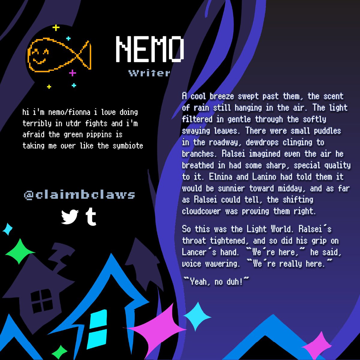 Today, we have our first Writer intro! <a href="/claimbclaws/">french fry (oo) on the freaking ground</a>'s work explores engaging concepts with wonderful prose, and we fear ze has been taken over by the... the Green Pippins... Scairy... ✨
#DELTARUNE