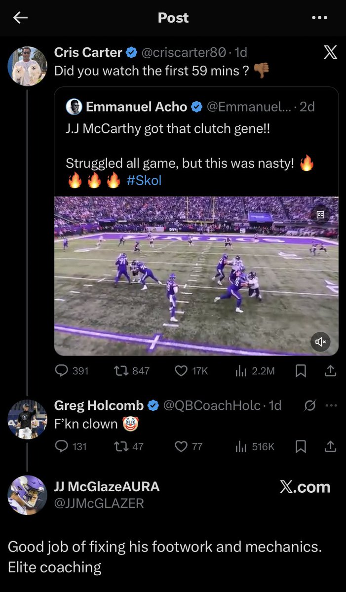 Cris Carter not thrilled with JJ McCarthy’s performance ➡️ JJ McCarthy’s personal QB coach mouthing off to Cris Carter ➡️ Vikings fans talking smack to JJ’s personal coach for his mechanics.

They’re eating each other alive and I am here for it.