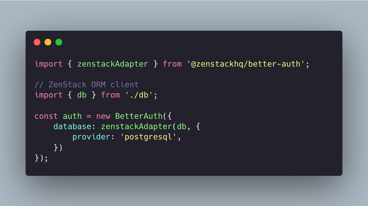 ymcao9's tweet image. ZenStack v3 has added a first-class @better_auth adapter:

- Simple setup to use as DB backend
- Seamlessly works with the CLI for schema generation

The integration works both ways. As a powerful auth system, @better_auth pairs perfectly with ZenStack&apos;s access-controlled ORM.
