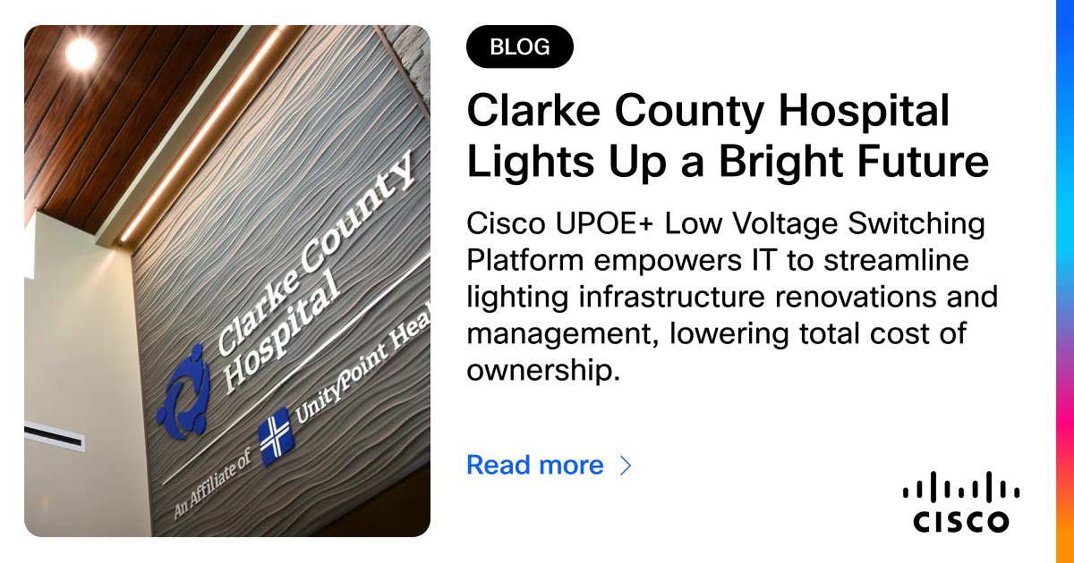 CiscoNetworking's tweet image. Clarke County Hospital uses Cisco UPOE+ Low Voltage Switching to power lighting over Ethernet.
Results?
⚡ 2X faster deployments
💰 30% lower TCO
🛠️ IT-managed lighting
🏥 A future-ready hospital

See how PoE is changing healthcare.: cs.co/60177gpKf