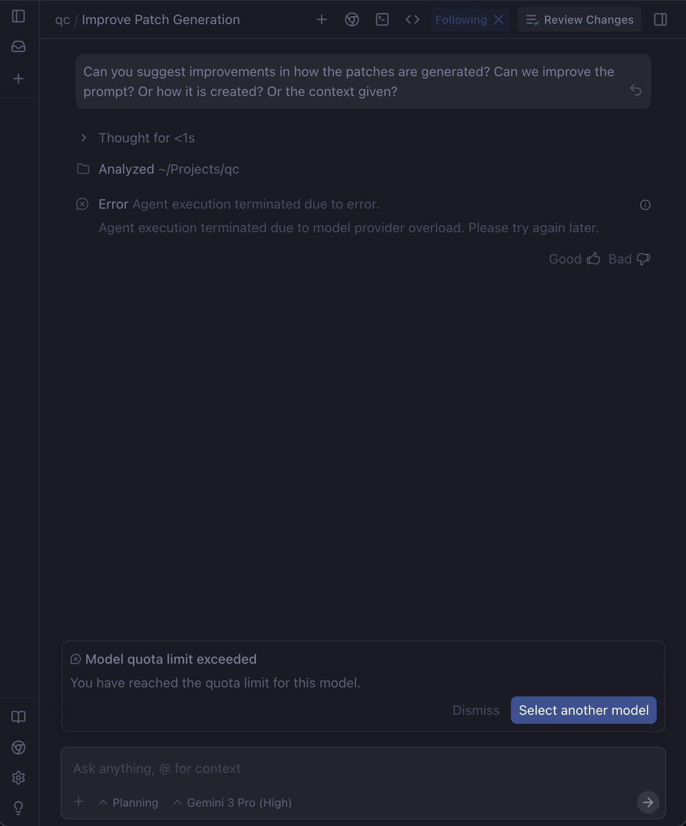 MisalignedModel's tweet image. This was my first prompt in Google Antigravity :(
Still bullish but this sucks :( 

Was really looking forward to trying Gemini 3