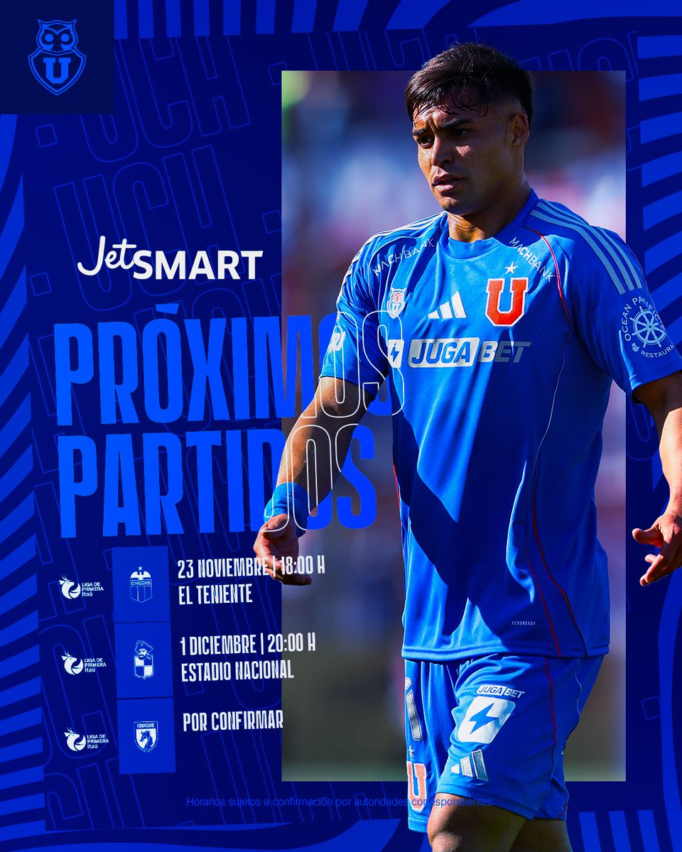 udechile's tweet photo. 🔜 𝐏𝐑𝐎́𝐗𝐈𝐌𝐎 𝐏𝐀𝐑𝐓𝐈𝐃𝐎 ⚽️

🏆 #LigadePrimeraItaú | Fecha 28
🆚 O’Higgins 
📆 23/11
🕕 18:00 hrs.
🏟️ Estadio El Teniente 

Presentado por @VuelaJetSMART ✈️ 

#VamosLaU 🤘🏼 https://t.co/nDNQBTkJng