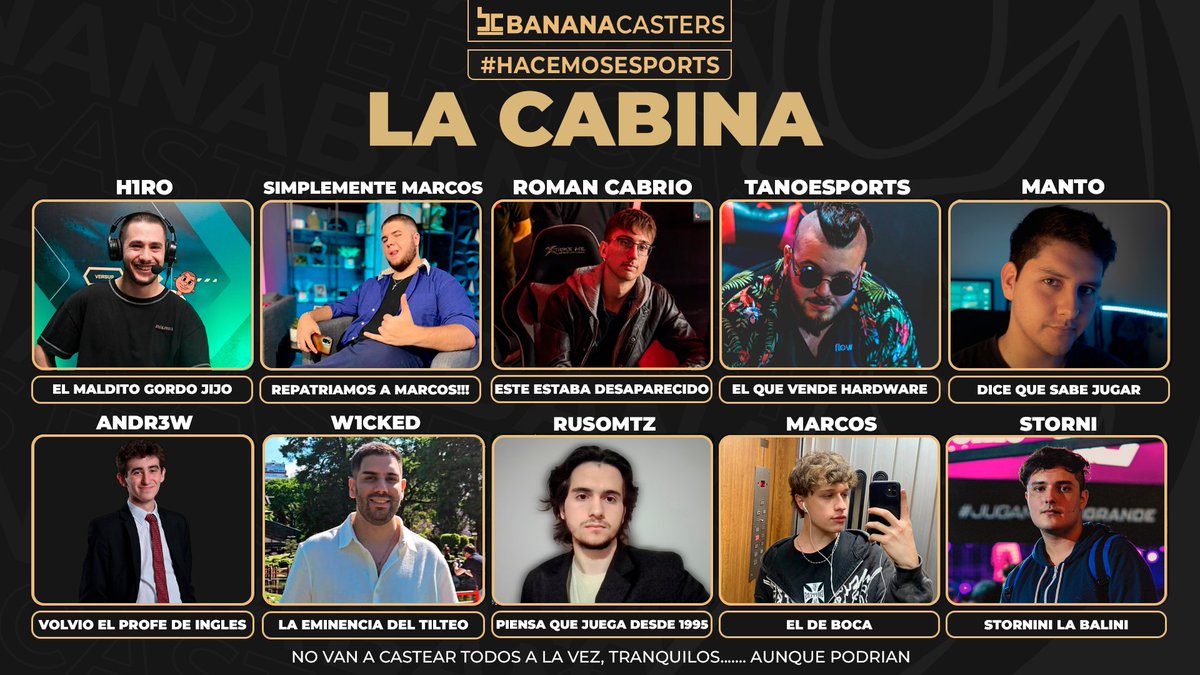 BananaCasters's tweet photo. La Cabina de banana esta lista, y que cabina señores

@h1ro_tv
@Simple_Marcos
@RomanCabrio
@Tanoesports
@Andr3w_v2
@niqowo
@mantofps
@NicoW1cked
@exealaniz09
@_RusoMtz_
@CristianExeq
(eran una banda)  

Los esperamos pronto por 
📺https://t.co/4ksXEjwEpB 

#Hacemosesports https://t.co/srzxVSCzmp