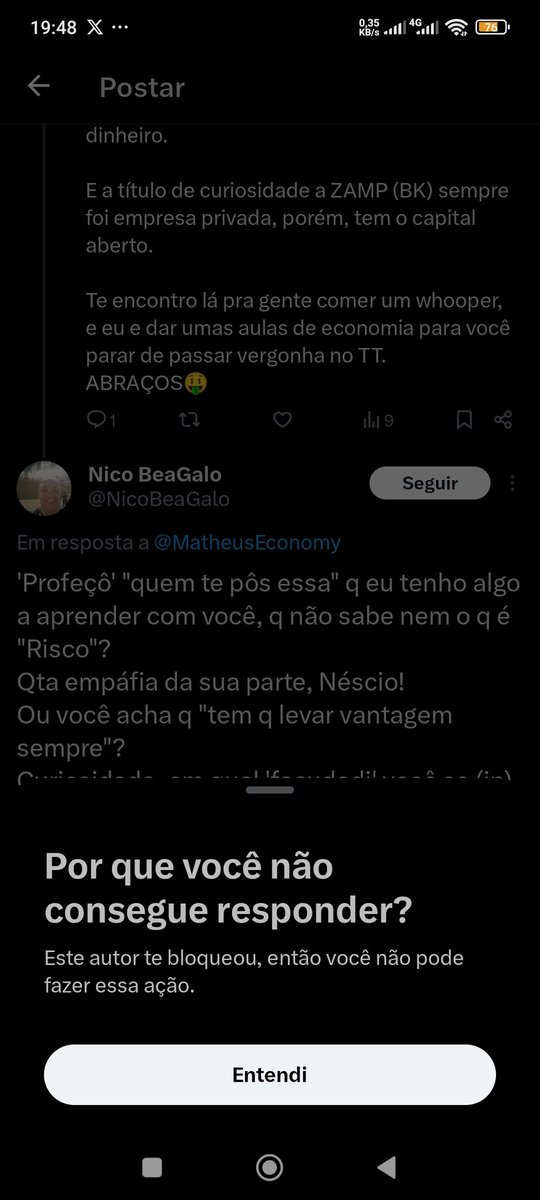 MatheusEconomy's tweet photo. Você é livre para expor suas opiniões à vontade, mas esteja apto a debate-las com verdade, não adianta postar qualquer idiotice e depois querer apagar e bloquear quando é confrontado com argumentos, o print é eterno..... https://t.co/3vU4HSpKtv