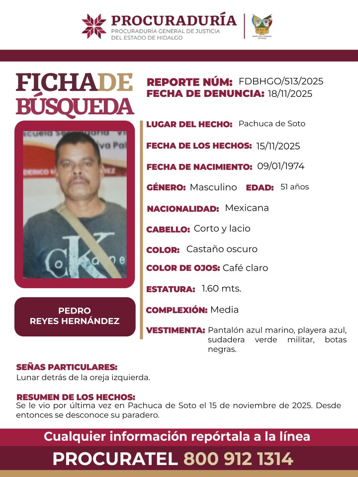 PGJE_Hidalgo's tweet image. 📌Solicitamos tu apoyo con la #DIFUSIÓN de la #FichaDeBúsqueda para localizar a PEDRO REYES HERNÁNDEZ. Si tienes información, comunícate ☎️ 8009121314 PROCURATEL #PGJEH. #CadaSegundoCuenta #TuAyudaCuenta.