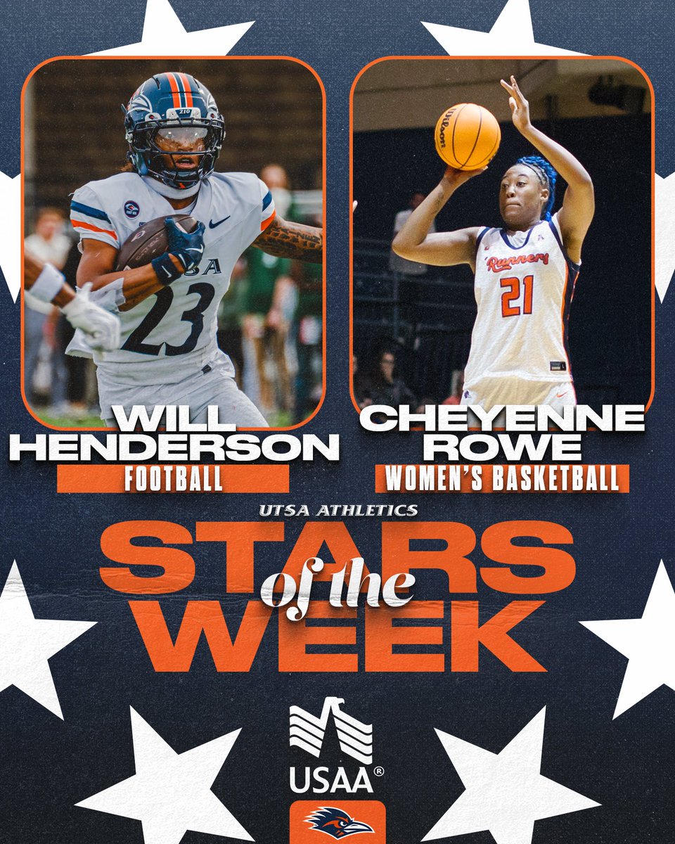 UTSAAthletics's tweet image. Recognizing the @USAA UTSA Athletics Stars of the Week!

⭐️@Willthegoat1011, @UTSAFTBL 
⭐️@CheyRowe12, @UTSAWBB 

#BirdsUp 🤙 #LetsGo210
