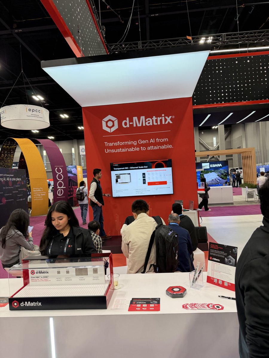dMatrix_AI's tweet image. Huge thanks to everyone who came to the talks and stopped by the booth today. Great energy, great questions.

Missed it? Swing by tomorrow. And yes—the social hour was packed.

#SC25 #Supercomputing #AIInfrastructure #AIHardware #DataCenterAI #InferenceAcceleration…
