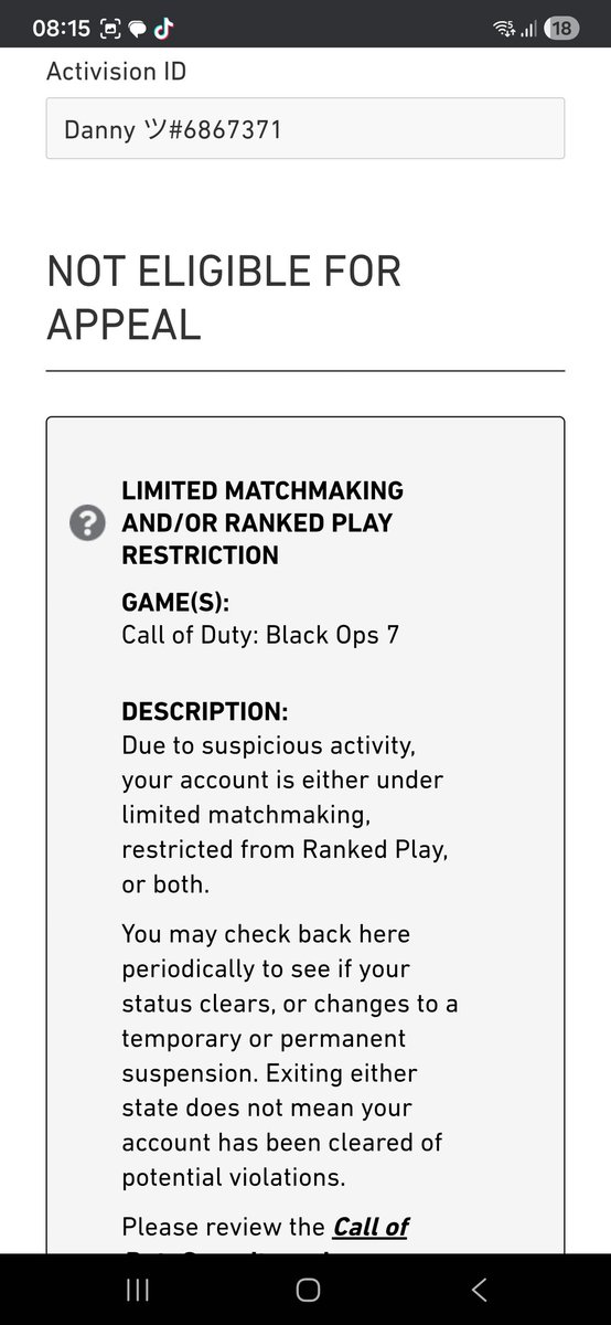 DanielHibbs3's tweet photo. @Treyarch @Treyarch Fix the shadow ban issue you have when people spam report you. Good player getting punished whilst cheaters are chilling. Crazy https://t.co/Cyd0moRzLf