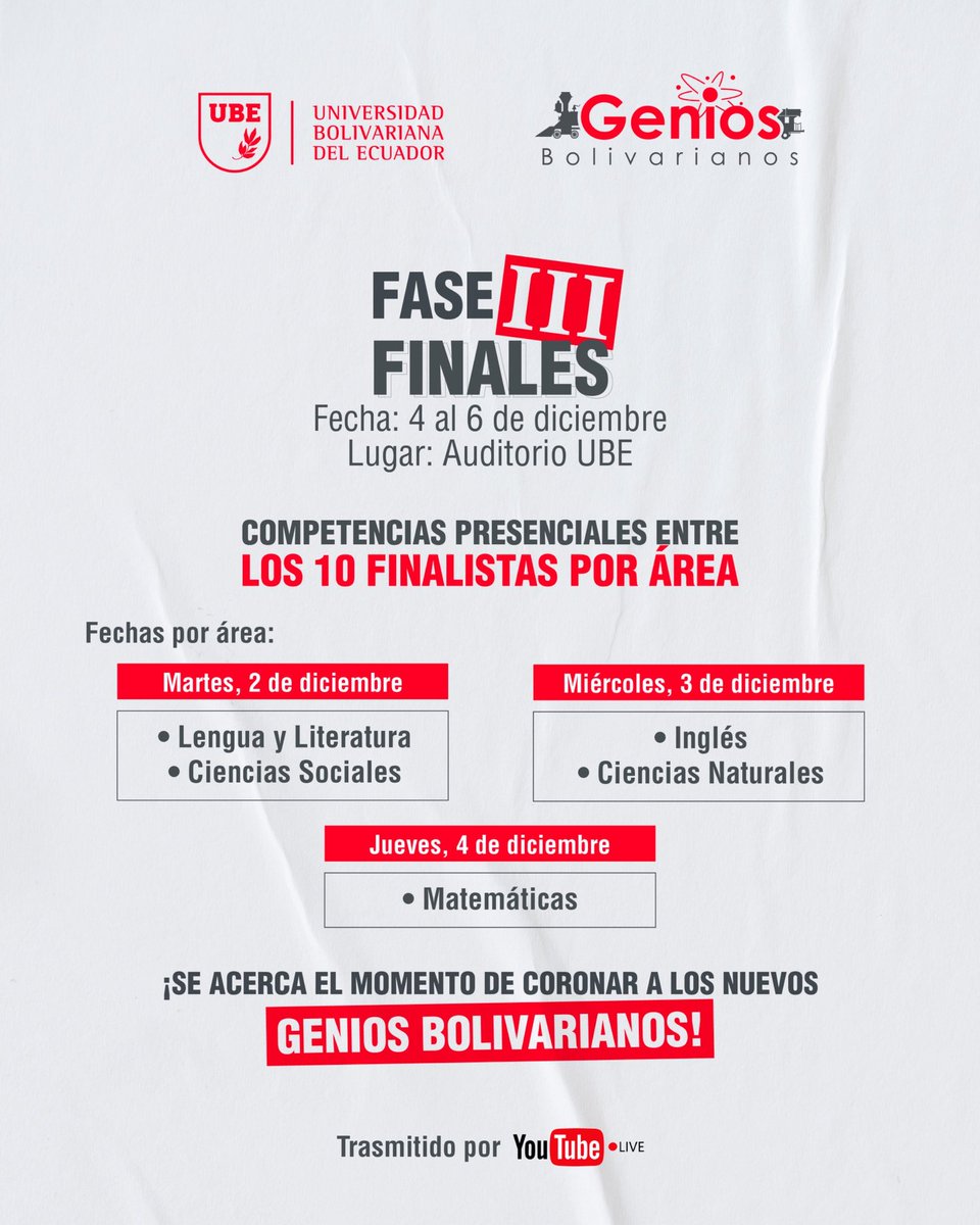 <a href="/JerryRobalino/">Jerry Robalino</a> <a href="/EducacionZ8_Ec/">Educación Zona 8</a> <a href="/UbeEcuador/">UBE | Universidad Bolivariana Del Ecuador</a> <a href="/DanielaFCB/">DanielaFebres-Cordero</a> <a href="/Educacion_Ec/">Ministerio de Educación, Deporte y Cultura</a> <a href="/Expresoec/">Diario Expreso</a> <a href="/RicardoGrunauer/">Ricardo Grunauer R.</a> <a href="/MonicaMolinaB/">Mónica Molina B.</a> <a href="/YTite59421/">yovana tite</a> <a href="/PatoCornejo/">Patricio Cornejo</a> <a href="/gueigle/">Sonin Gueigle</a> <a href="/jonathan_parra_/">Jonathan Parra</a> <a href="/eliastenoriom/">Elías Tenorio Martínez</a> <a href="/peggyricaurte/">peggy ricaurte</a> <a href="/SbastienMlires1/">Sébastien Mélières</a> <a href="/rosaliaarteaga/">Rosalía Arteaga</a> <a href="/Lenin_Tremont/">Lenin Tremont Tremont</a> <a href="/barmontec/">Julio Barzola-Monteses</a> Casi listos para arrancar la nueva edición #GeniosBolivarianos #Duran 2025

251 jóvenes duraneños se enfrentarán en nuestro intercolegial de conocimientos 

<a href="/JerryRobalino/">Jerry Robalino</a> <a href="/elcanillitaok/">El Canillita Digital</a> <a href="/Educacion_Ec/">Ministerio de Educación, Deporte y Cultura</a> <a href="/EducacionZ8_Ec/">Educación Zona 8</a>