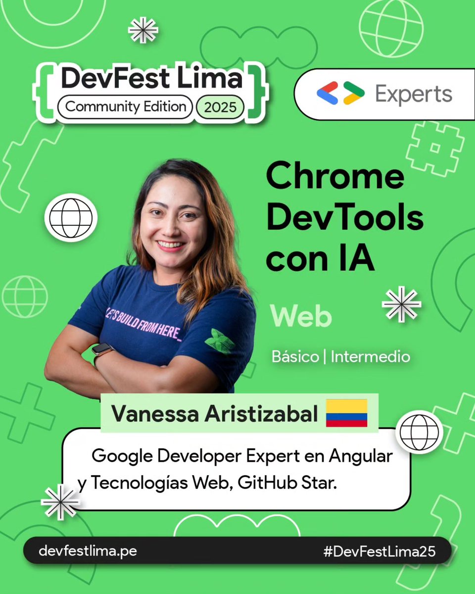 gdglima's tweet image. ✨ Primera speaker del DevFest Lima Community 2025:
🎤 Vanessa Aristizábal
 GDE en Angular &amp;amp; Web 🚀
Charla: Chrome DevTools con IA 🤖
⚡ Console Insights
🎨 Depuración CSS
📊 Performance con IA

🗓 29 nov · 📍 UPC Villa
🎟 gdg.community.dev/e/mvceb5/
#DevFestLima #ChromeDevTools #IA