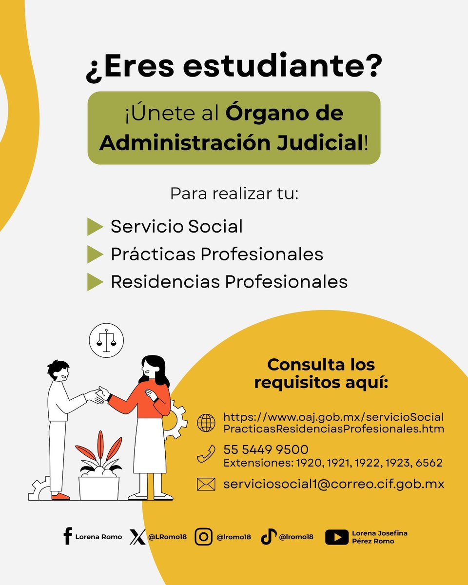LRomo18's tweet image. ¿Te gustaría realizar tu servicio social, prácticas o residencias profesionales con nosotros? ❓✨
En el @OAJ_Mex impulsamos espacios para que más jóvenes se formen, participen y aporten a la justicia de nuestro país.
🔎 Consulta los requisitos a través de nuestros medios de…