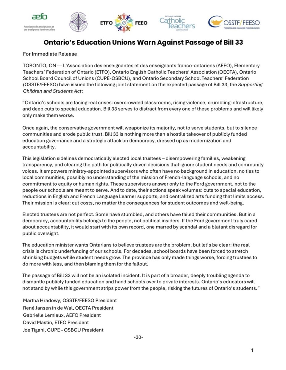 ETFOPeel's tweet image. JOINT STATEMENT: #OntEd Unions Warn Against Passage of Bill 33

“Schools are facing real crises: overcrowded classrooms, rising violence, crumbling infrastructure, &amp;amp; deep cuts to special ed. Bill 33 serves to distract from…these problems.”

etfo.ca/news-publicati… #ETFO #OnLab