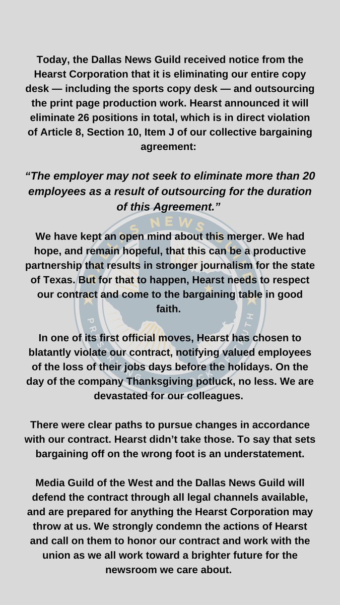 A statement from the Dallas News Guild: 26 of our members are being outsourced—a violation of our contract.