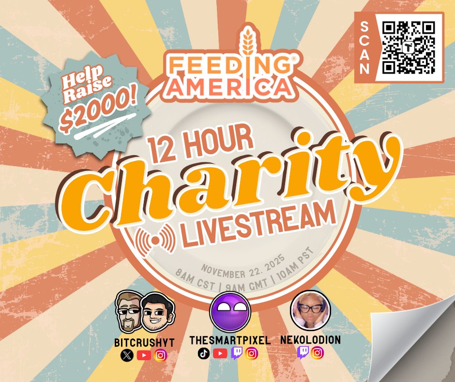 BitCrushYT's tweet photo. 📢 12-HOUR CHARITY LIVESTREAM! $2000 for Feeding America!

Hey everyone, BitCrush is streaming with TheSmartPixel &amp; Nekolodion on Saturday to help raise money for Feeding America! Check out our YT post for more info!

https://t.co/NrpYSp7SXO

#PEAK #AmongUs #REPO https://t.co/CDfqRFfMjU