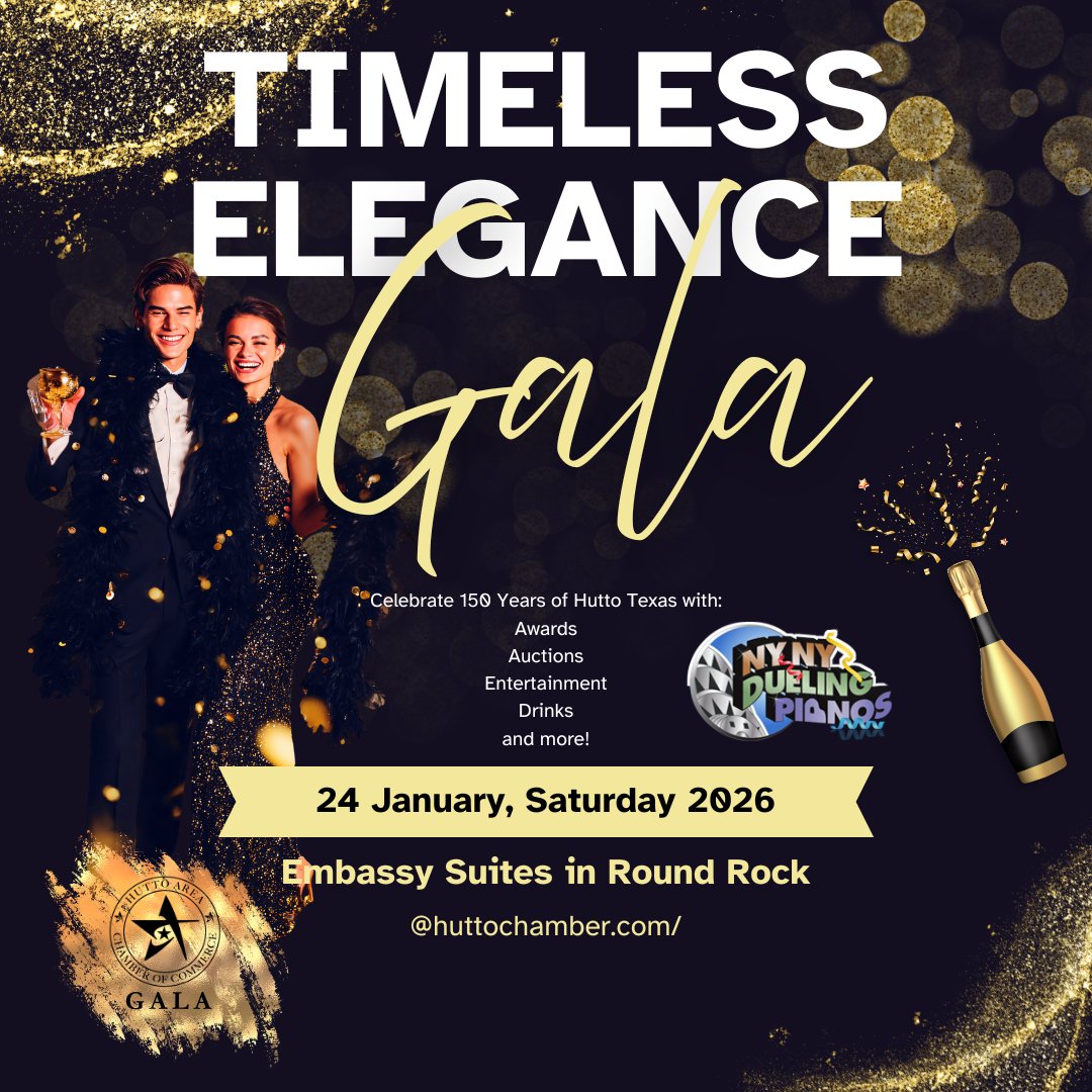 150 years of history deserves an unforgettable night. ✨
Timeless Elegance Gala • Jan 24, 2026 • Round Rock
🎟️ Tickets | 🪑 Tables | ⭐ Sponsorships
Be part of Hutto’s legacy — 
huttochamber.com/hutto-chamber-… 
#HuttoChamber #Hutto150