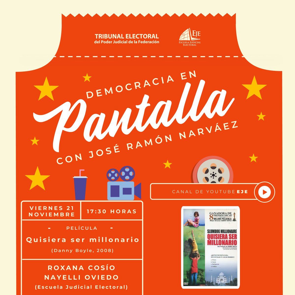 🎬 Este 21 de noviembre no te pierdas  #DemocraciaEnPantalla con <a href="/jrnarvaez/">José Ramón Narváez</a>.
Analizaremos “Quisiera ser millonario” (2008), una historia sobre desigualdad, corrupción y oportunidades a través de la vida de Jamal Malik.
Invitadas: Roxana Cossío y Nayelli Oviedo.