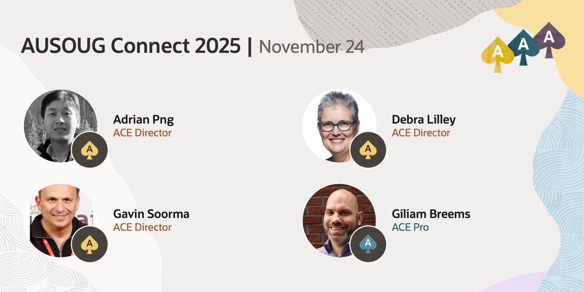 oracleace's tweet image. 🇦🇺 AUSOUG Connect 2025 is happening Nov 24 in Perth!
Join #OracleACE experts and leading Oracle professionals for a day packed with insights, networking, and the latest in Oracle technologies.
Don’t miss this must-attend event!
Info &amp;amp; registration 👉 social.ora.cl/60147Edfa