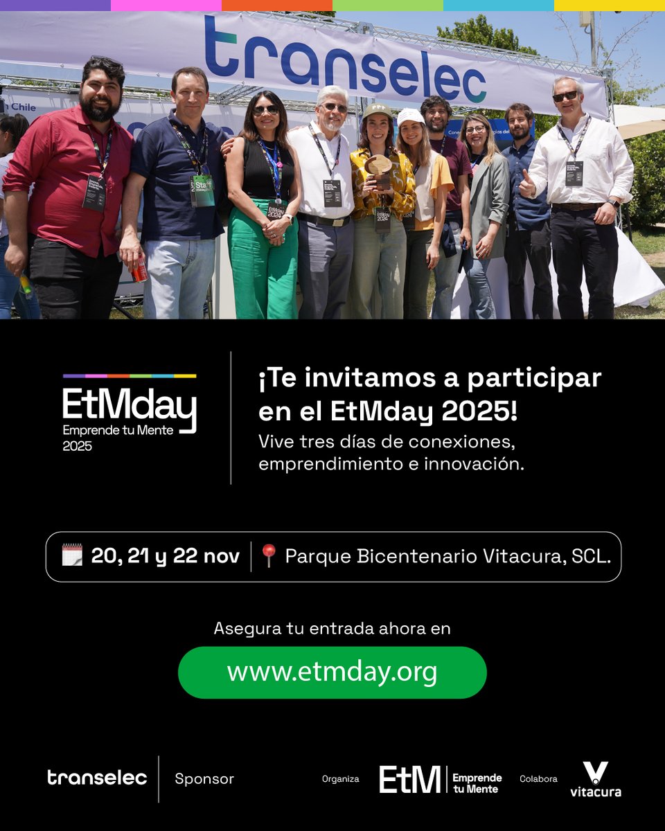 Transelec's tweet image. 🎉 ¡Llegó el momento! Te invitamos a visitar desde mañana el stand de #Transelec en #EtMday para conocer nuestras líneas de negocio y conectar con las energías del futuro.

Encuéntranos en el sector rojo junto a la rueda de la fortuna 🙌

¡Te esperamos!