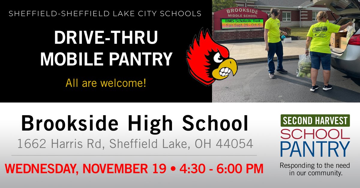 TOMORROW! In partnership with <a href="/BrooksideCards/">Brookside Cardinals</a>, Second Harvest will be distributing boxes of food, frozen meat, produce, &amp; MORE at Brookside HS from 4:30-6:00pm. Please share!

📲 Register HERE: bit.ly/shfb_nov-19