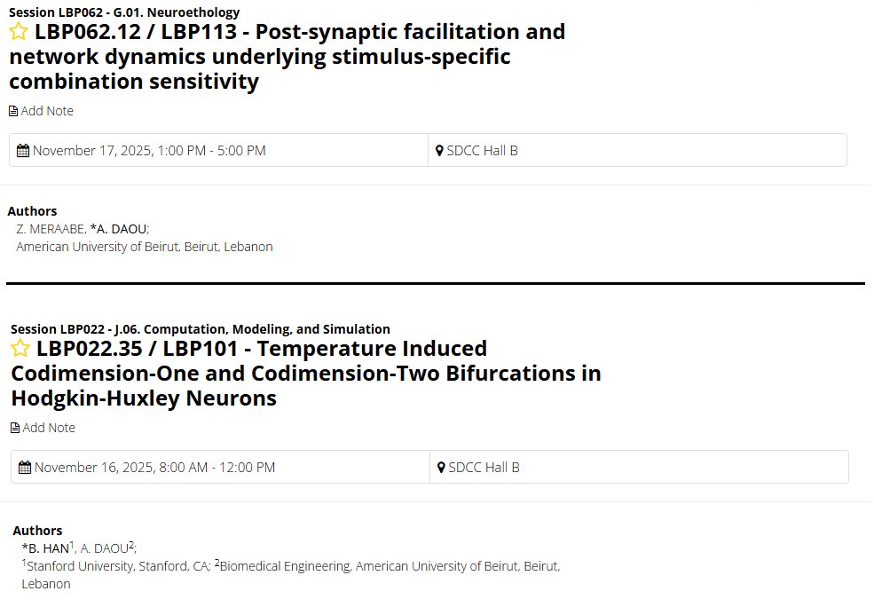 Two #NCNG lab projects from <a href="/AUB_Lebanon/">American University of Beirut</a> at #SfN2025:
🔥 Temperature-driven shifts in neuronal #excitability.
🎶 How #auditory neurons integrate information over extended timescales.
Proud of my students’ incredible work! <a href="/SfNtweets/">Society for Neuroscience (SfN)</a> <a href="/MSFEA_AUB/">MSFEA</a> #Neuroscience #SfN25
