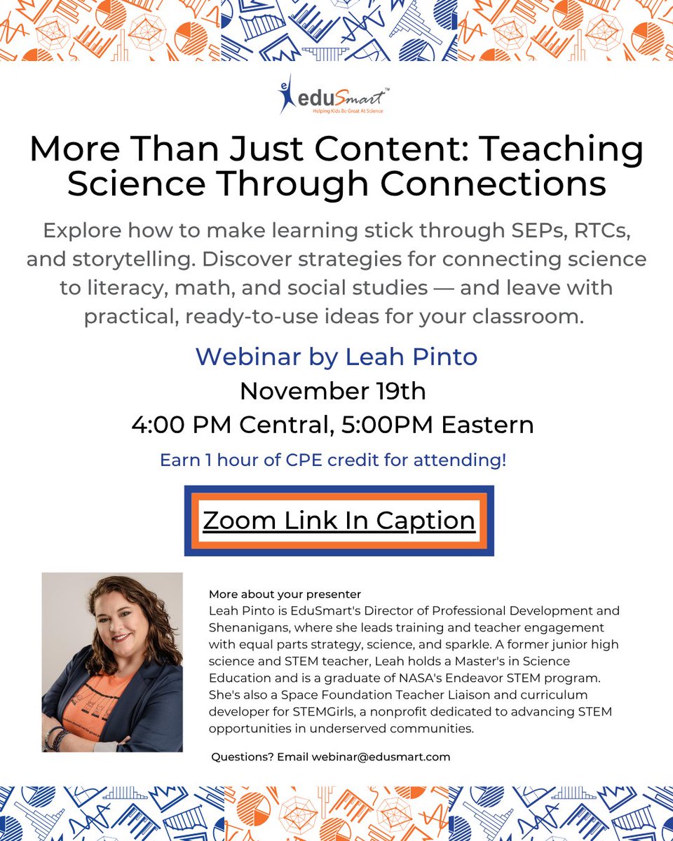 🚀 Tomorrow!
Join us on November 19th at 4:00 PM CT / 5:00 PM ET for a hands-on webinar with Leah Pinto, EduSmart’s Director of Professional Development and Shenanigans.

Explore how SEPs, RTCs, and storytelling can make science stick — and walk away with practical ideas that
