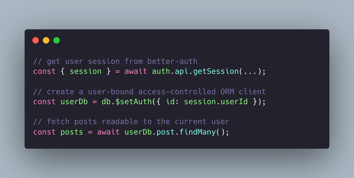 ymcao9's tweet image. ZenStack v3 has added a first-class @better_auth adapter:

- Simple setup to use as DB backend
- Seamlessly works with the CLI for schema generation

The integration works both ways. As a powerful auth system, @better_auth pairs perfectly with ZenStack&apos;s access-controlled ORM.