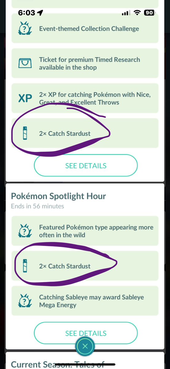 sweatiermoss's tweet photo. @NianticHelp hello not sure why I am not getting the proper stardust per catch for sableye spotlight hour as you can see there is 2x bonus for the event and a 2x bonus for the spotlight hour with a star piece you should be getting 4500 stardust per catch I am only getting half https://t.co/R40lhBaiaH