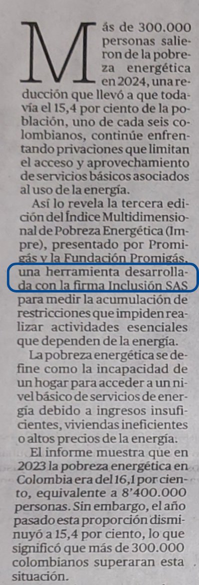 Hoy acompañamos a <a href="/promigasoficial/">Promigas</a> en el evento de socialización de los resultados del informe de pobreza energética: "IMPE 2025, es hora de zarpar: hacia pobreza energética de un dígito en 2030". 

<a href="/ELTIEMPO/">EL TIEMPO</a> destaca en portada y pags. internas  los resultados del informe👇👇