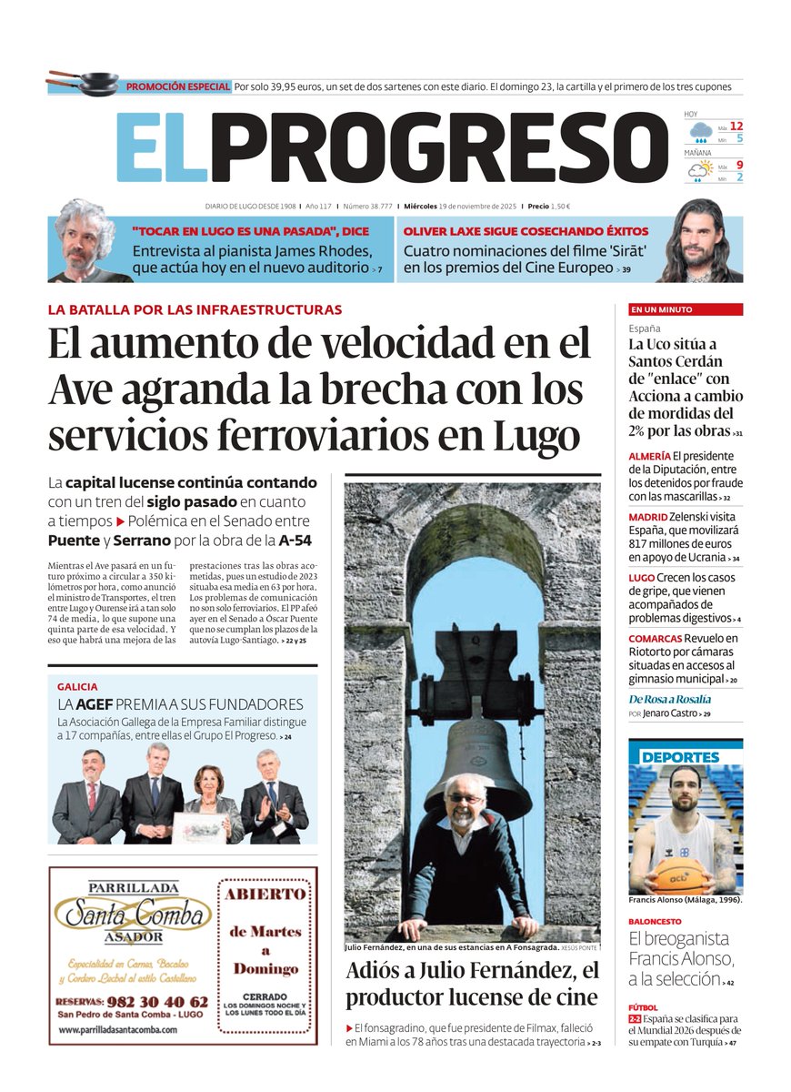 elprogreso_Lugo's tweet photo. #PortadaEP 📰 La brecha ferroviaria entre Lugo y el resto de España, tema principal en la portada de El Progreso de este 19 de noviembre, donde también destacan el adiós a Julio Fernández o la entrevista a James Rhodes https://t.co/ku6mBkRVcv