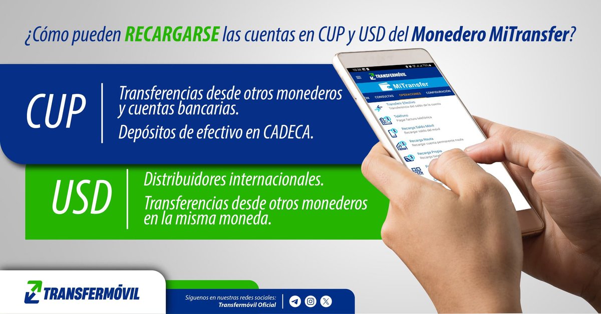 ¿Conoces las vías disponibles para recargar tu Monedero Móvil? 📲

Recuerda que en MiTransfer tienes acceso a una cuenta en CUP y otra en USD, así como a múltiples formas de recarga.
¡Elige a tu gusto! 😉✨
#EtecsaConCuba