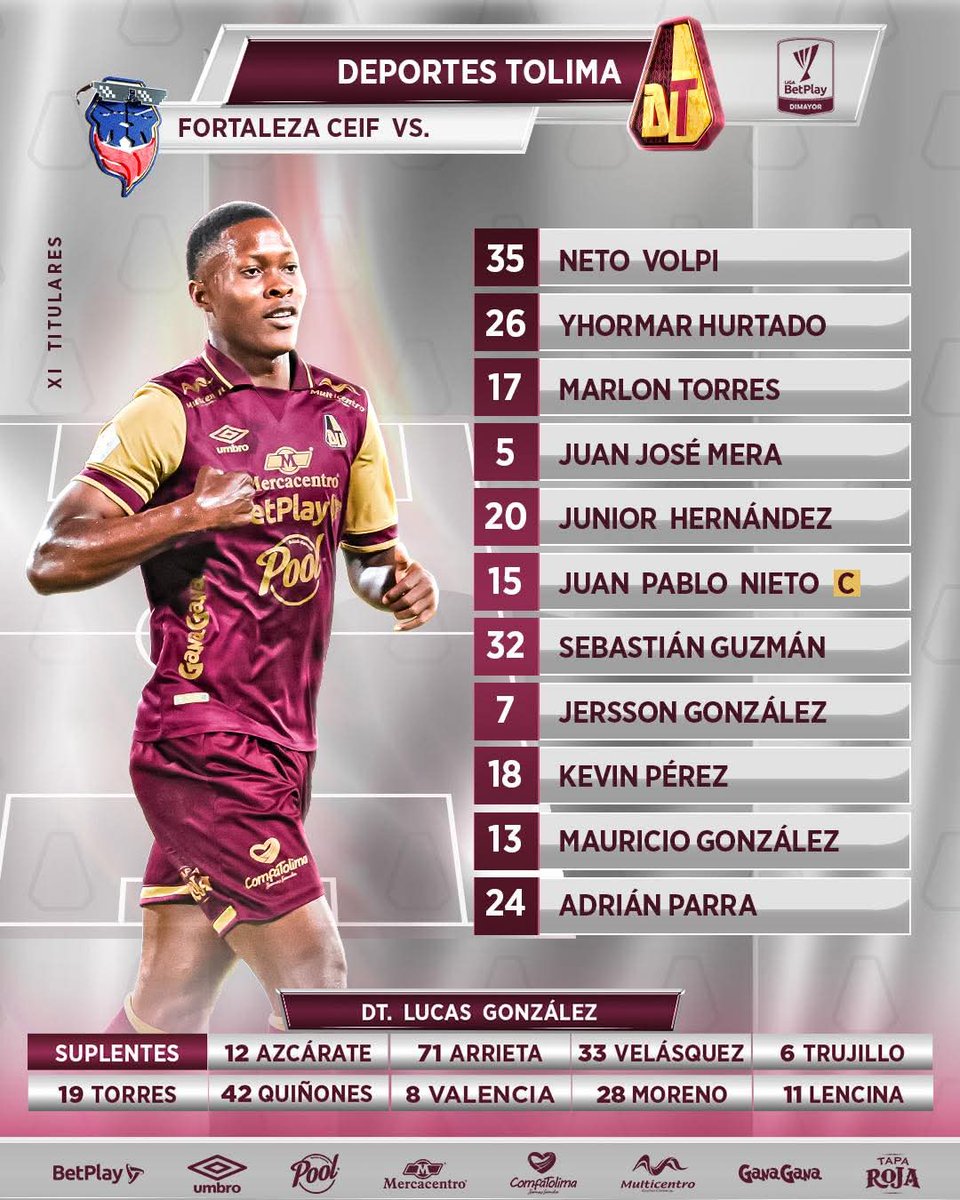 paulmacarny's tweet image. #VamosTolima @cdtolima #QueremosLa4ta 
Esta es la nomina titular del Deportes Tolima SA para lo que será su 1er partido del cuadrangular B, semifinal del #Fpc ante @FortalezaCEIF 
6.30 pm estadio metropolitano de techo goles en paz. 🤎💛⚽️🐷