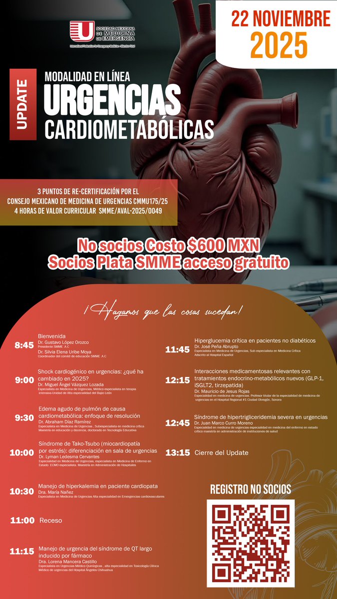 🫀🚑 UPDATE #SMME  #URGENCIAS #CARDIOMETABÓLICAS | 22.11.25
Actualízate con este temario selecto #MedicinaDeUrgencias 
🔸 3 pts CMMU
🔸 4 h valor curricular SMME
No socios: $600 👉 smme-ac.com/pago-update/
Socios Plata: GRATIS 👉 smme-ac.com/registro-updat…
⏰ 8:45–13:15 | Online