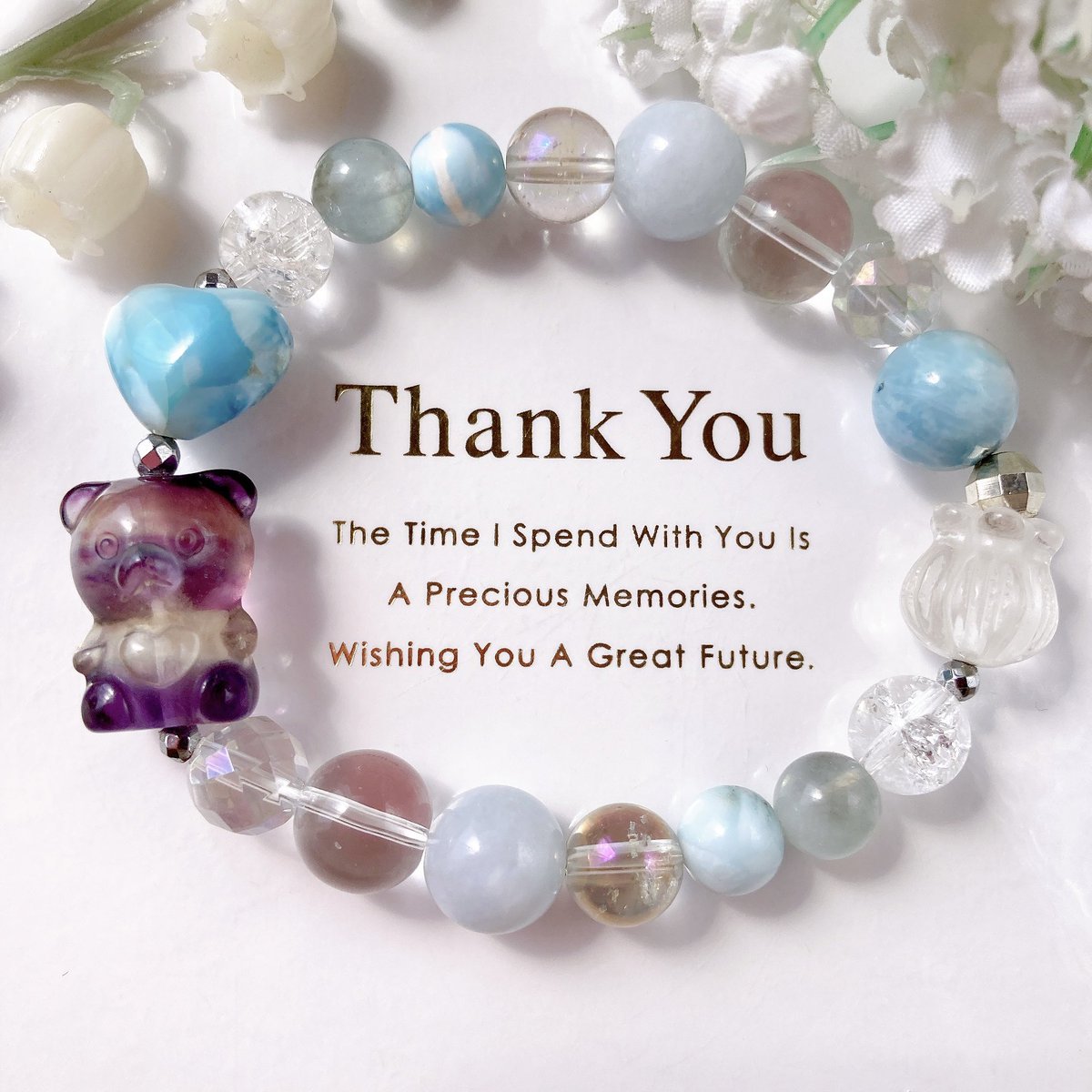 【一点物】ラリマー ハート＆鹿角うさぎ・フローライトねこちゃん天然石ブレスレット ラリマー ハート＆鹿角うさぎ・フローライトねこちゃん天然石ブレスレット