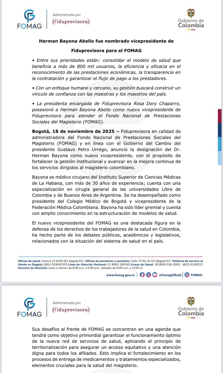Lo anticipamos en <a href="/WRadioColombia/">W Radio Colombia</a> el Dr. <a href="/BayonaHerman/">Herman Bayona</a> llega como vicepresidente del <a href="/FomagOficial/">Fondo del Magisterio</a> tras la salida de Aldo Cadena…