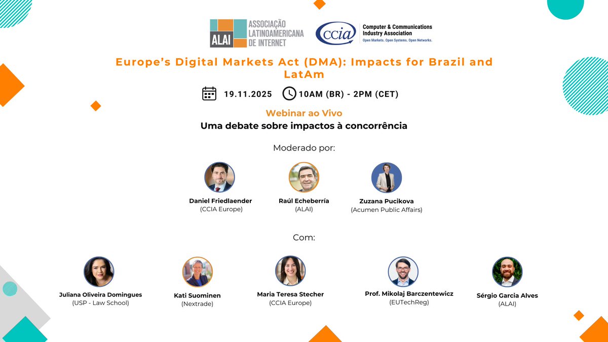 ⏰ Starting in 1 hour!

Join us for the webinar Europe’s DMA - Impacts for Brazil and Latin America, organized by <a href="/alai_lat/">ALAI</a>  and <a href="/CCIAeurope/">CCIA Europe</a> .

🗓 Today 19.11.2025
🕑 10h (BR) / 14h (CET)

🔗 Link to join: meet.google.com/eym-brab-yxw
ℹ️ More info: alai.lat/en/europes-dig…