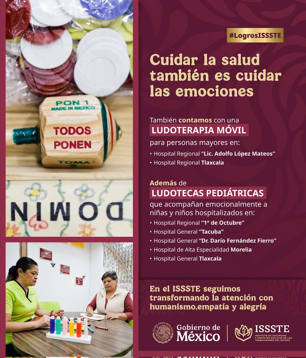 ISSSTE_mx's tweet image. 👵🏻 Envejecer también es reír, crear y seguir descubriendo. 👴🏻

#LogrosISSSTE | 😉 En la primera ludoteca gerontogeriátrica del #ISSSTE, nuestras personas mayores fortalecen su bienestar físico, mental y emocional. 💖

🙌 Esta iniciativa refleja el compromiso del Instituto con la…