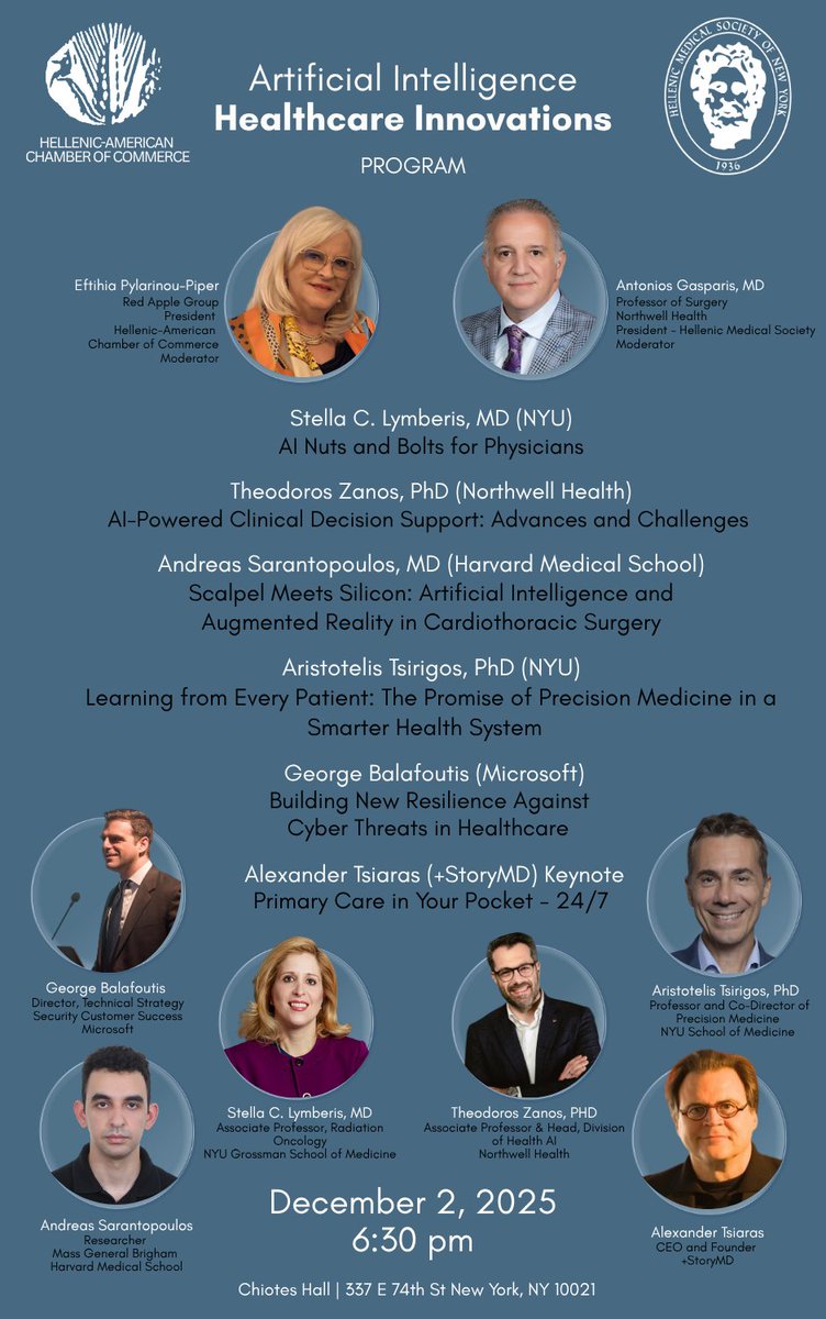 lymberis's tweet image. HACC and HMS AI in Medicine Event I helped organize feature Hellenic Experts in Medical AI which is revolutionizing the healthcare of the future.
 hellenicamerican.cc/event-details/…