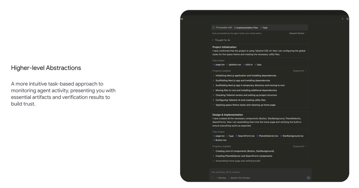 lucas_flatwhite's tweet image. 👩🏻‍💻 Google Antigravity 출시: AI 에이전트가 코딩하는 새로운 IDE
&amp;gt; 여기엔 나노바나나까지 스택

- 에디터, 터미널, 브라우저에서 동시에 작동
- 자율적인 계획 수립 및 코드 검증
- 멀티 에이전트 &quot;미션 컨트롤&quot; 뷰
- 100만 토큰 이상 컨텍스트 (전체 코드베이스 지원)
- 별도 설정 없이 바로 사용…