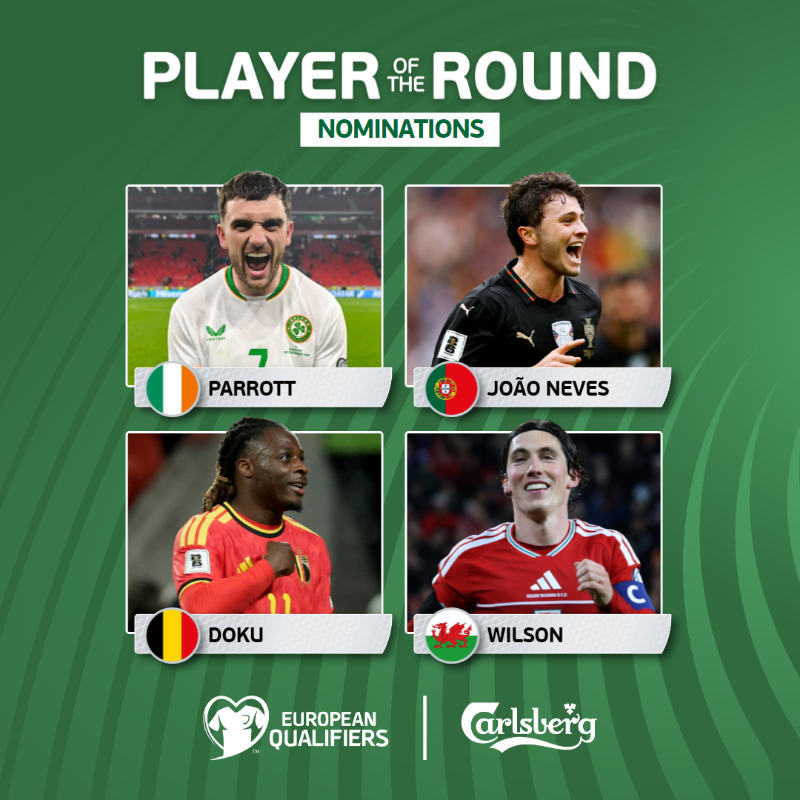 UEFAEURO's tweet photo. 🇮🇪 Troy Parrott 
🇵🇹 João Neves
🇧🇪 Jeremy Doku
🏴󠁧󠁢󠁷󠁬󠁳󠁿 Harry Wilson

11 goals scored between them on MD10 but which performance was the best? 👀

#EQPOTR | @CarlsbergGroup