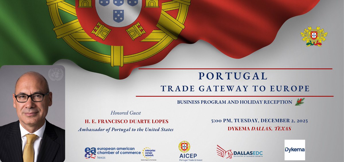 Register for a wonderful business program and European holiday reception in DALLAS featuring Francisco Duarte Lopes, the Portuguese ambassador to the United States!

Register now: members.eacctx.com/ap/Events/Regi…