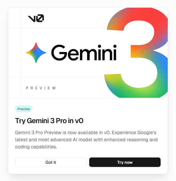 tetsu_tech's tweet image. v0でも早速Gemini3.0が搭載されました！
バイブコーディングに強いとのことなので、楽しみです！

#v0 #Gemini3.0
