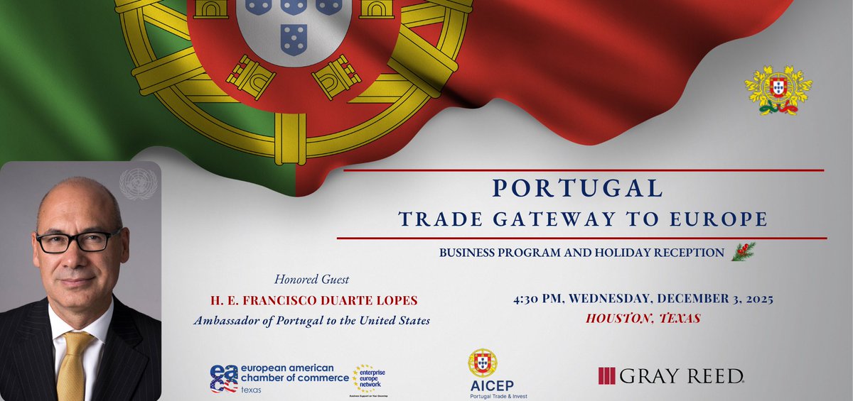 Register for a wonderful business program and European holiday reception in HOUSTON featuring Francisco Duarte Lopes, the Portuguese ambassador to the United States!

Register now: members.eacctx.com/ap/Events/Regi…