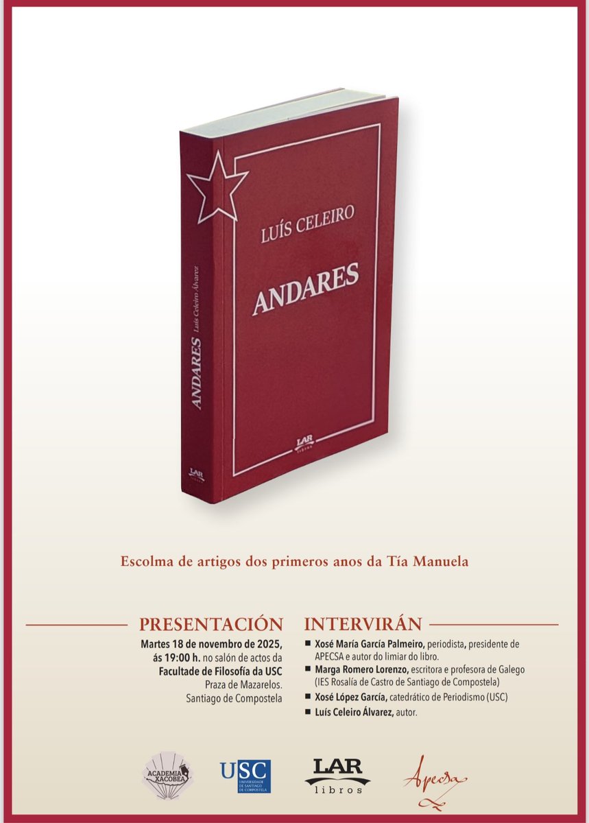 Parabéns para <a href="/LoisCeleiro/">Luís Celeiro Álvarez</a>. O acto de presentación do seu libro 'Andares' foi magnífico. E, o salón de actos da F. de Filosofía da <a href="/UniversidadeUSC/">USC</a>  estaba ateigado de amigos.