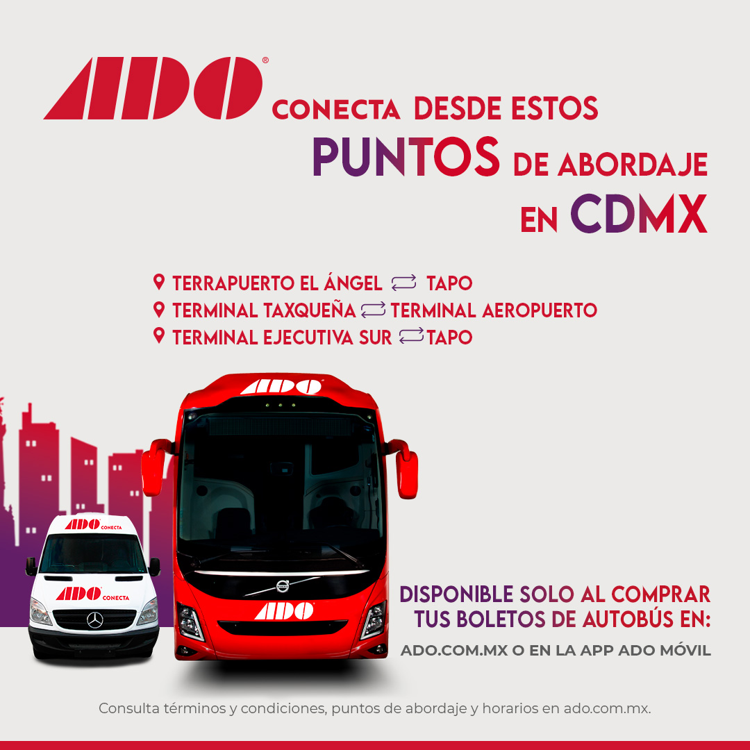 tuADO's tweet image. Llegar a tu terminal ya no es un reto, es parte del viaje. ❤️🚌
ADO conecta te traslada a puntos clave dentro de CDMX para que sigas tu ruta sin fricciones.
✨ Compra en línea y activa tu conexión: bit.ly/43hwKLE
